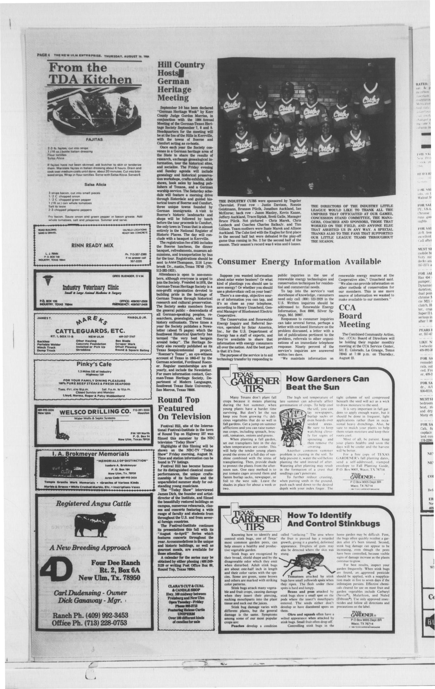 The New Ulm Enterprise (New Ulm, Tex.), Vol. 74, No. 43, Ed. 1 Thursday, August 16, 1984
                                                
                                                    [Sequence #]: 4 of 6
                                                