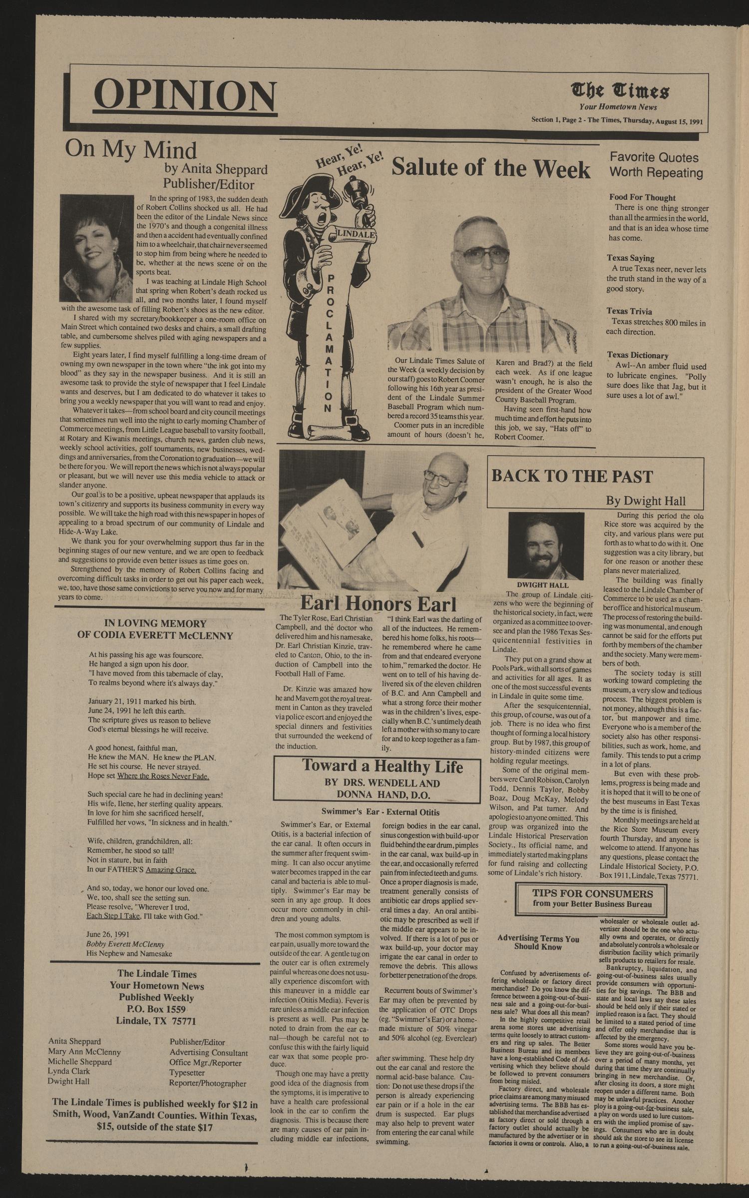 The Lindale Times (Lindale, Tex.), Vol. 1, No. 1, Ed. 1 Thursday, August 15, 1991
                                                
                                                    [Sequence #]: 2 of 22
                                                