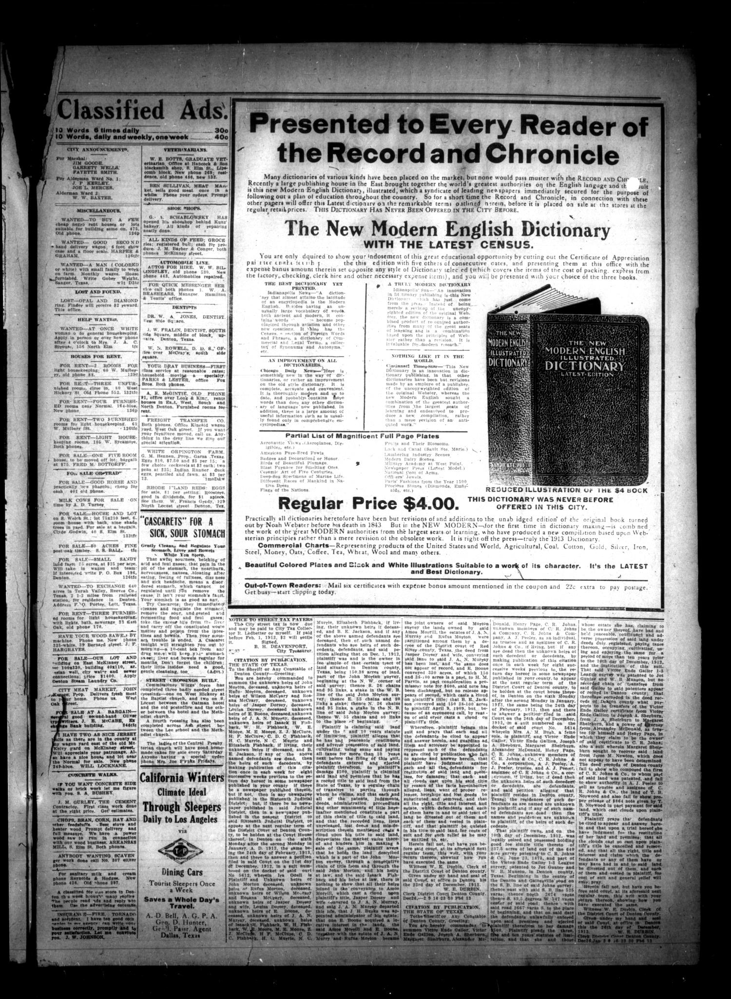 Record and Chronicle. (Denton, Tex.), Vol. 13, No. 134, Ed. 1 Thursday, January 16, 1913
                                                
                                                    [Sequence #]: 3 of 4
                                                