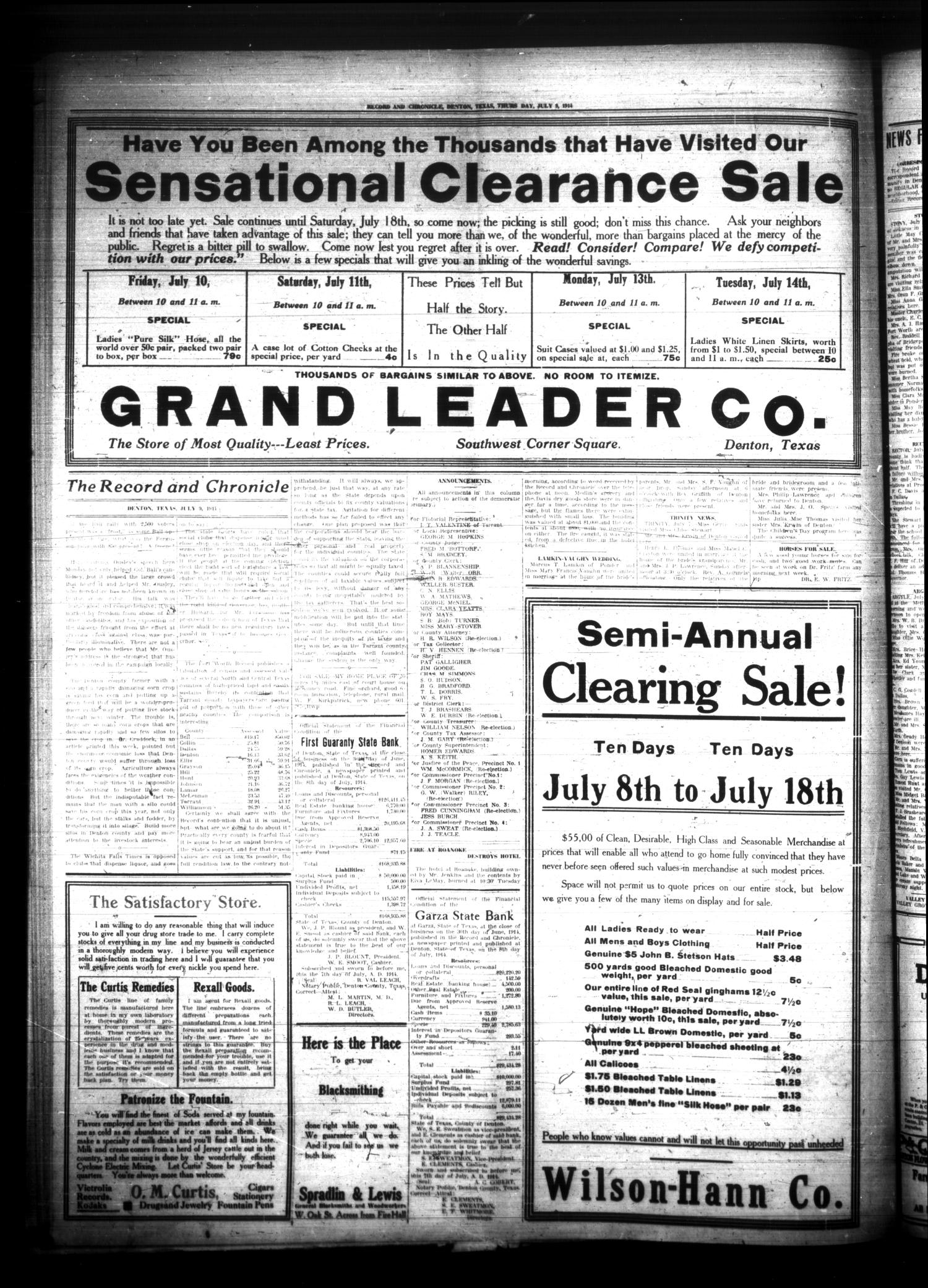 Record and Chronicle. (Denton, Tex.), Vol. 32, No. 44, Ed. 1 Thursday, July 9, 1914
                                                
                                                    [Sequence #]: 4 of 8
                                                