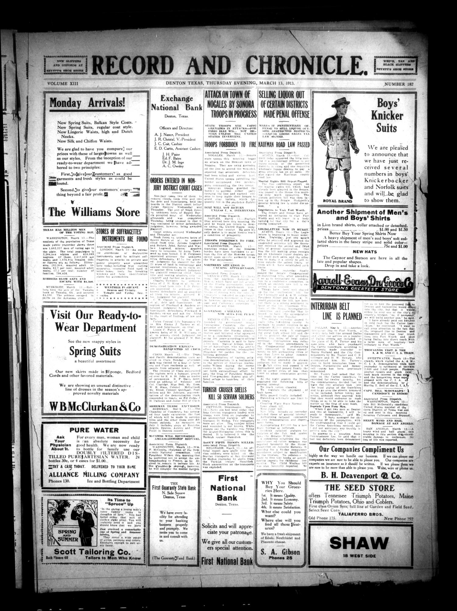 Record and Chronicle. (Denton, Tex.), Vol. 13, No. 182, Ed. 1 Thursday, March 13, 1913
                                                
                                                    [Sequence #]: 1 of 4
                                                