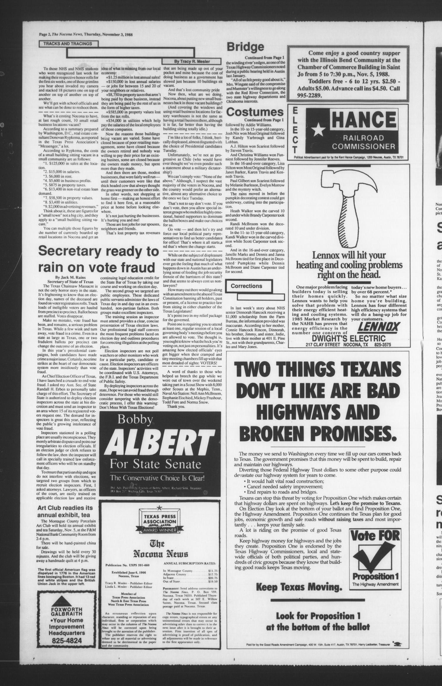 The Nocona News (Nocona, Tex.), Vol. 83, No. 22, Ed. 1 Thursday, November 3, 1988
                                                
                                                    [Sequence #]: 2 of 12
                                                