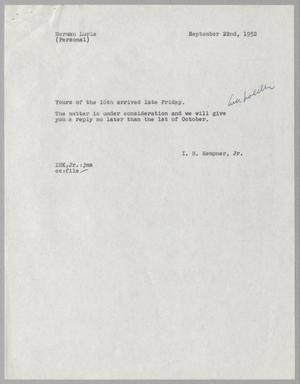 [Letter from I. H. Kempner, Jr. to Herman Lurie, September 22, 1952]