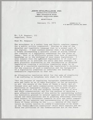 Primary view of object titled '[Letter from John Staurulakis to I. H. Kempner, III, February 13, 1973]'.