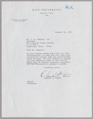 Primary view of object titled '[Letter from Charles F. Moser to I. H. Kempner, III, January 21, 1972]'.