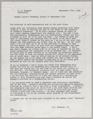 [Letter from I. H. Kempner, Jr. to I. H. Kempner, September 18, 1952]