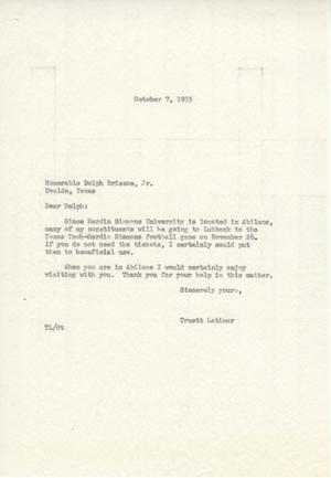 Primary view of object titled '[Letter from Truett Latimer to Dolph Briscoe, Jr., October 7, 1955]'.