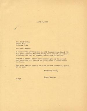 [Letter from Truett Latimer to Mrs. Fred Barton, April 5, 1955]