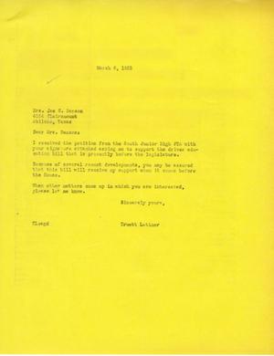 [Letter from Truett Latimer to Mrs. Joe C. Benson, March 8, 1955]