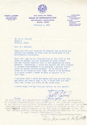 [Letter from Truett Latimer to M. T. Council, February 9, 1955]
