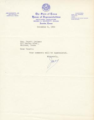 [Letter from Joe Burkett, Jr. to Truett Latimer, December 8, 1954]