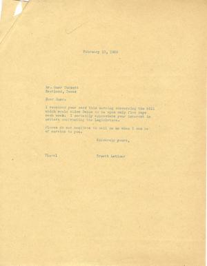 [Letter from Truett Latimer to Omar Burkett, February 10, 1955]