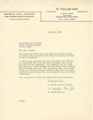 [Letter from W. Willis Cox, Jr. to Truett Latimer, April 22, 1955]
