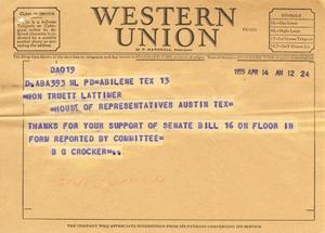 [Telegram from B. G. Crocker, April 14, 1955]