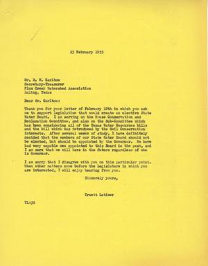 [Letter from Truett Latimer to M. W. Carlton, February 23, 1955]