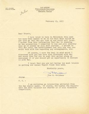 [Letter from Joe E. Chiders to Truett Latimer, February 23, 1955]