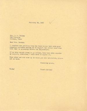 [Letter from Truett Latimer to J. G. Bowden, February 22, 1955]