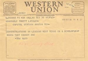 Primary view of object titled '[Telegram from Tom Amis, March 30, 1955]'.