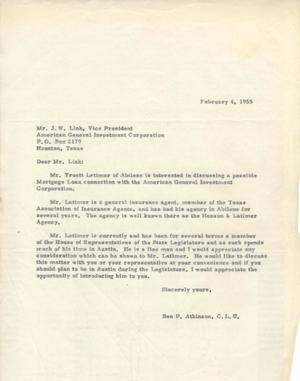 [Letter from Ben P. Atkinson to J. W. Link, February 4, 1955]