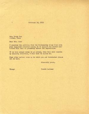[Letter from Truett Latimer to Mrs. Brady Cox, February 16, 1955]