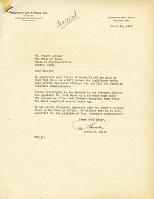 [Letter from Horace R. Belew to Truett Latimer, March 18, 1955]