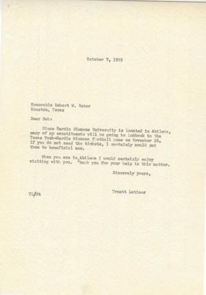 [Letter from Truett Latimer to Robert W. Baker, October 7, 1955]