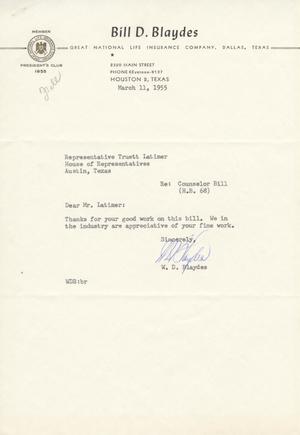 [Letter from W. D. Blaydes to Truett Latimer, March 11, 1955]
