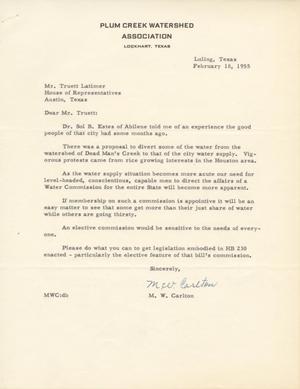 [Letter from M. W. Carlton to Truett Latimer, February 18, 1955]