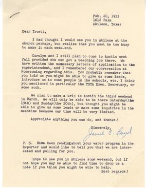 [Letter from Jamie C. Boyd to Truett Latimer, February 20, 1955]