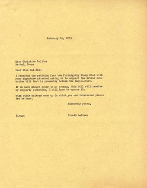 [Letter from Truett Latimer to Christine Collins, February 16, 1955]