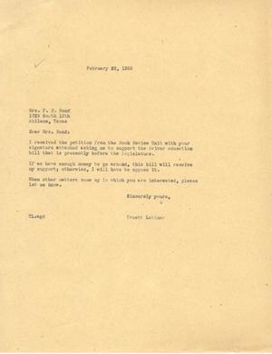 [Letter from Truett Latimer to Mrs. F. P. Bond, February 22, 1955]