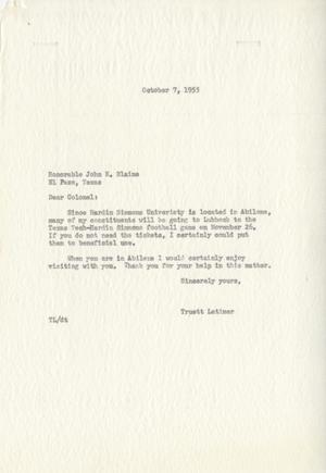 [Letter from Truett Latimer to John E. Blaine, October 7, 1955]