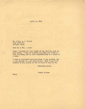 [Letter from Truett Latimer to Mr. and Mrs. A. B. Barron, April 11, 1955]