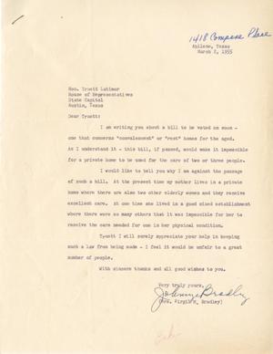 Primary view of object titled '[Letter from Mrs. Virgil M. Bradley to Truett Latimer, March 2, 1955]'.