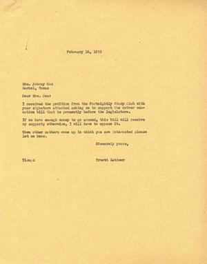 [Letter from Truett Latimer to Mrs. Johnny Cox, February 16, 1955]