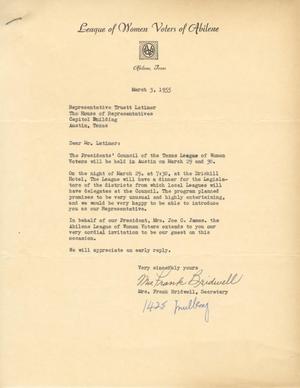[Letter from Mrs. Frank Bridwell to Truett Latimer, March 3, 1955]