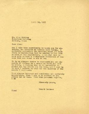 [Letter from Truett Latimer to Alex Bickley, April 12, 1955]