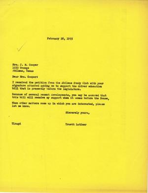 [Letter from Truett Latimer to Mrs. J. M. Cooper, February 28, 1955]