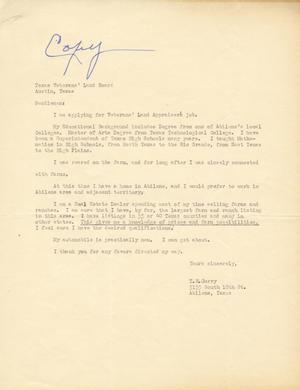 [Letter from T. H. Curry to the Texas Veterans' Land Board]