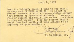 [Letter from G. D. Collum, Jr. to Truett Latimer, April 4, 1955]