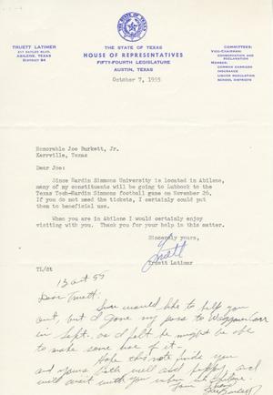 [Letter from Truett Latimer to Joe Burkett, Jr., October 7, 1955]