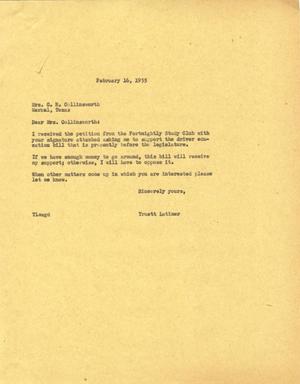 [Letter from Truett Latimer to Mrs. C. H. Collinsworth, February 16, 1955]