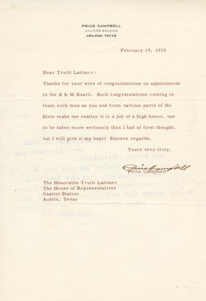 Primary view of object titled '[Letter from Price Campbell to Truett Latimer, February 19, 1955]'.