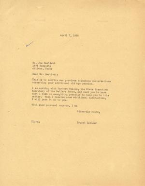 [Letter from Truett Latimer to Joe Bartlett, April 7, 1955]