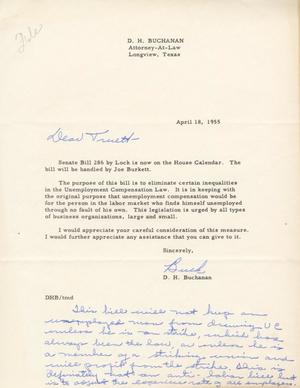 Primary view of object titled '[Letter from D. H. Buchanan to Truett Latimer, April 18, 1955]'.