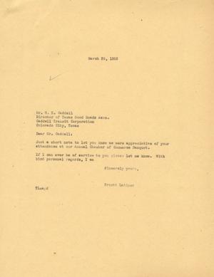 Primary view of object titled '[Letter from Truett Latimer to M. N. Caddell, March 29, 1955]'.