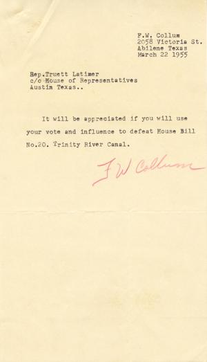 [Letter from P. W. Collum to Truett Latimer, March 22, 1955]