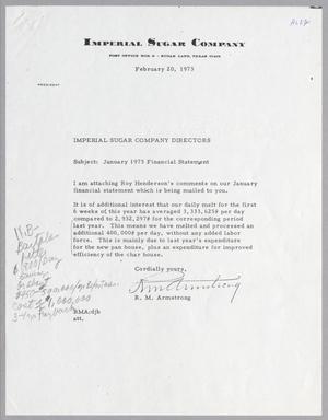 [Letter from R. M. Armstrong to Imperial Sugar Company Directors, February 20, 1973]