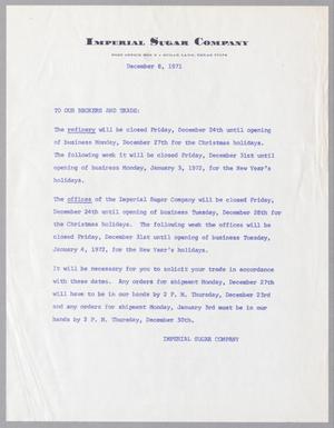 [Letter from Imperial Sugar Company, December 8, 1971]