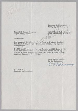 Primary view of object titled '[Letter from C. L. Bohannan to I. H. Kempner, Jr., June 7, 1946]'.